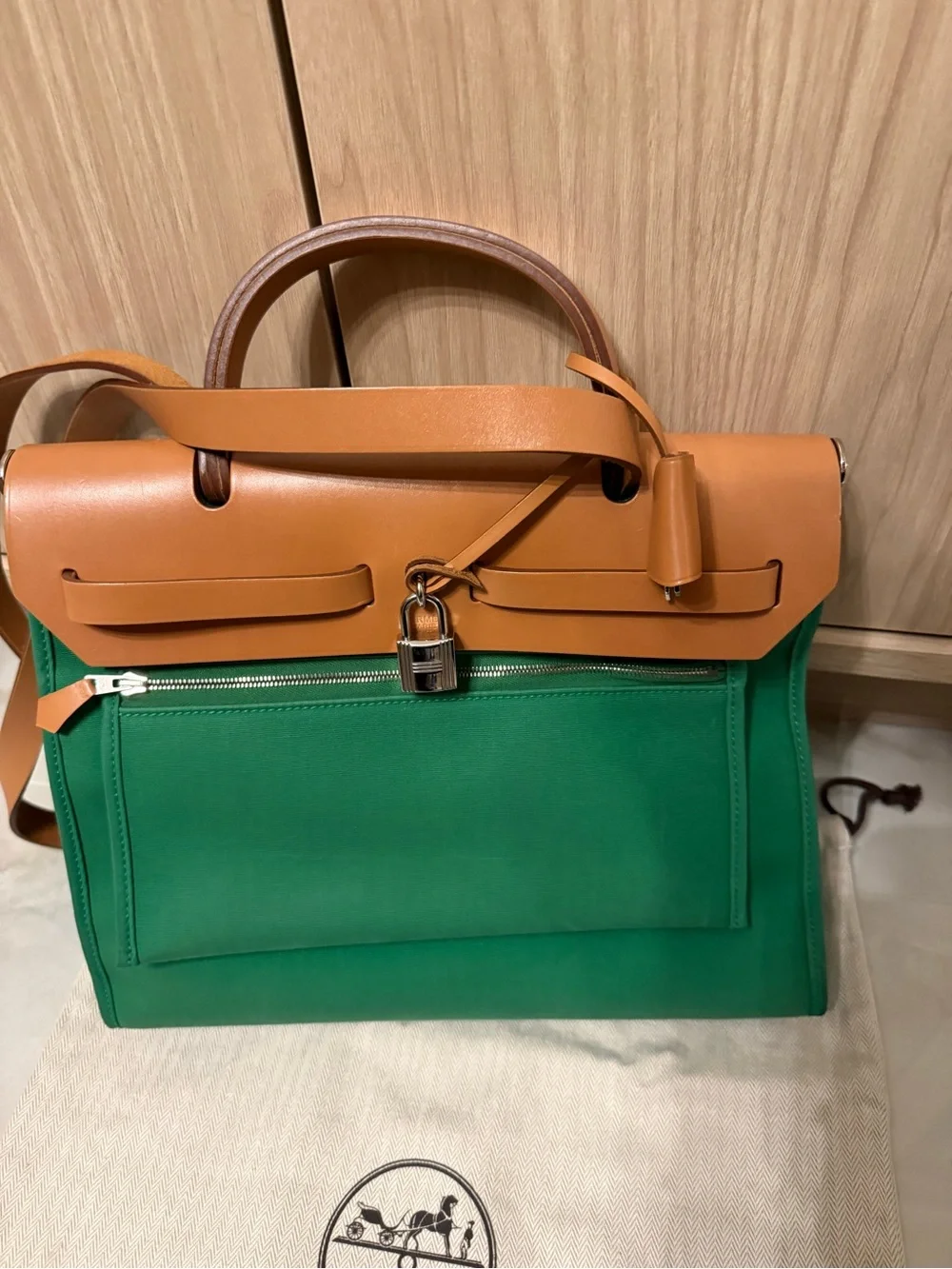 HERMES Green Canvas and Tan Leather Top-Handle Bag